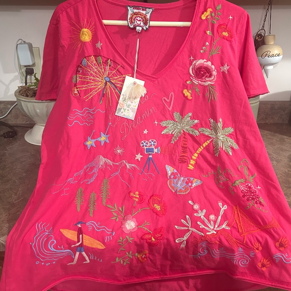 Johnny Was Vivid Pink Embroidered Tee California Dreaming tee